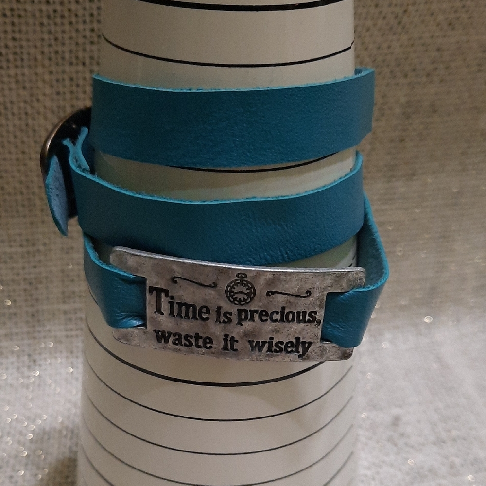 Blue Leather Wrap Bracelet with Antique Silver Plate Inspirational Quote